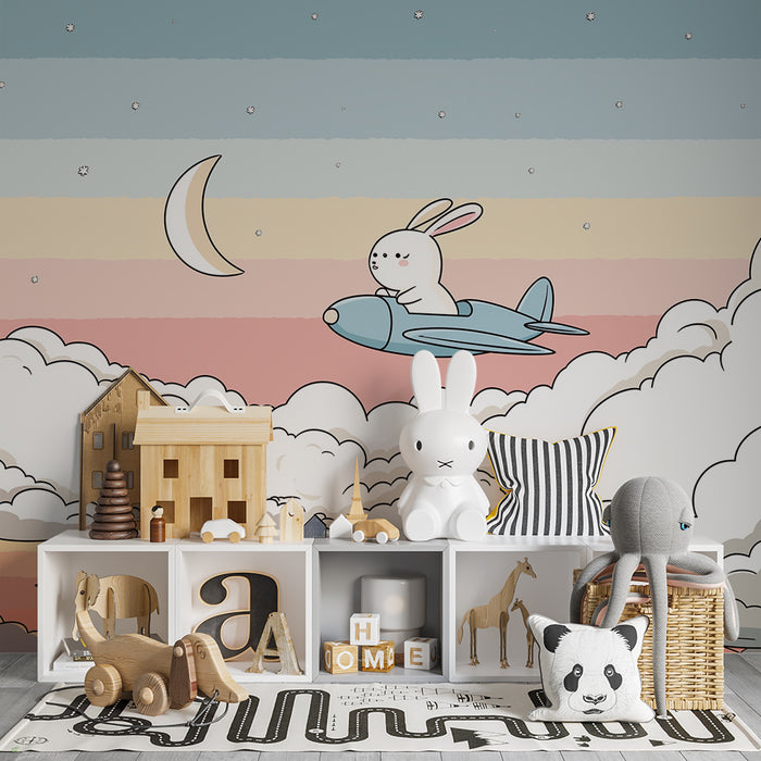 Carta da parati bambini | Coniglio avventuriero in un cielo pastello