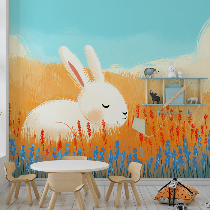 Tapéta baba szobába | Fehér nyúl színes virágmezőben