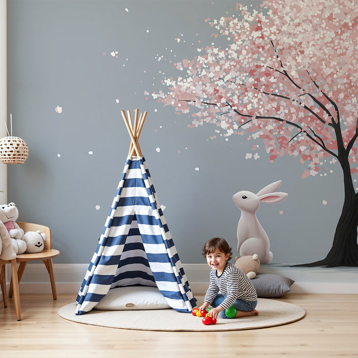 Papier peint chambre bébé | Lapin blanc sous un cerisier en fleurs