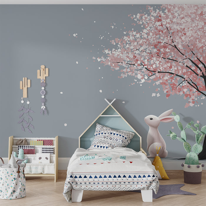 Papier peint chambre bébé | Lapin blanc sous un cerisier en fleurs