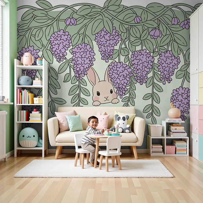 Nursery room wallpaper | Hidden rabbit under wisteria flowers