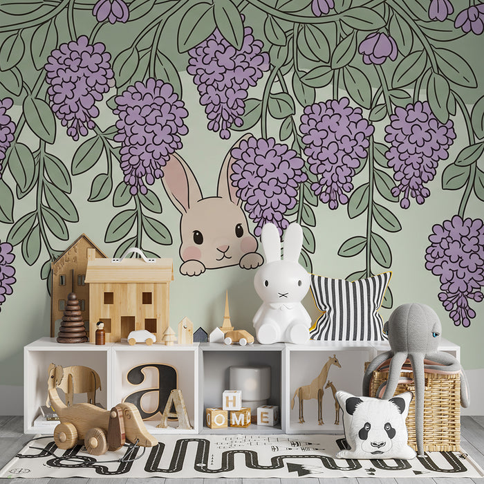 Nursery room wallpaper | Hidden rabbit under wisteria flowers