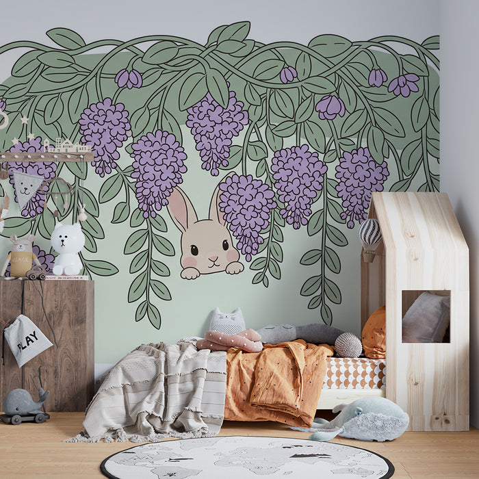 Nursery room wallpaper | Hidden rabbit under wisteria flowers