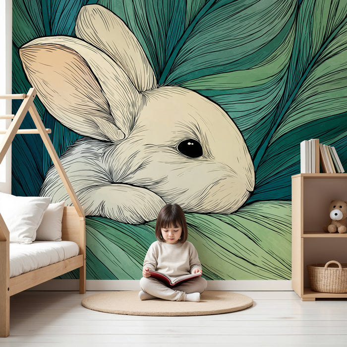 Papel de parede quarto bebê | Coelho fofo e folhagem calmante