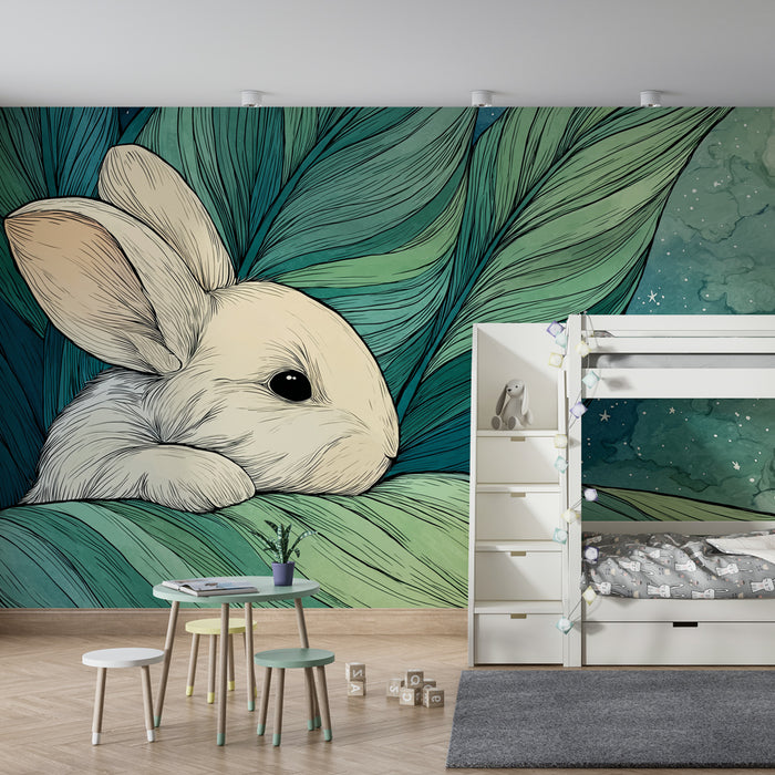 Papel de parede quarto bebê | Coelho fofo e folhagem calmante