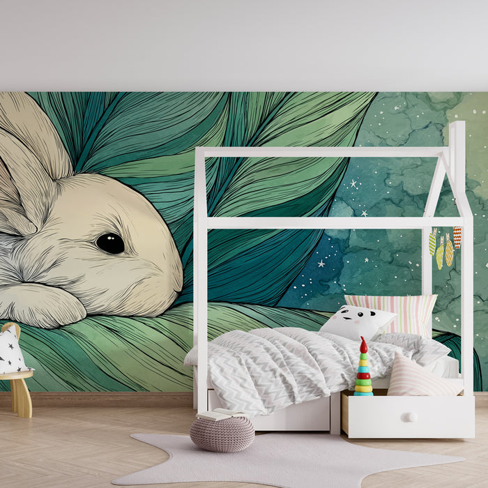 Papel de parede quarto bebê | Coelho fofo e folhagem calmante