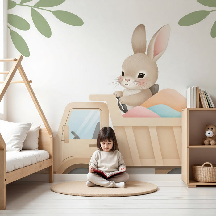 Carta da parati bambini | Coniglio conducente di camion con colori pastello
