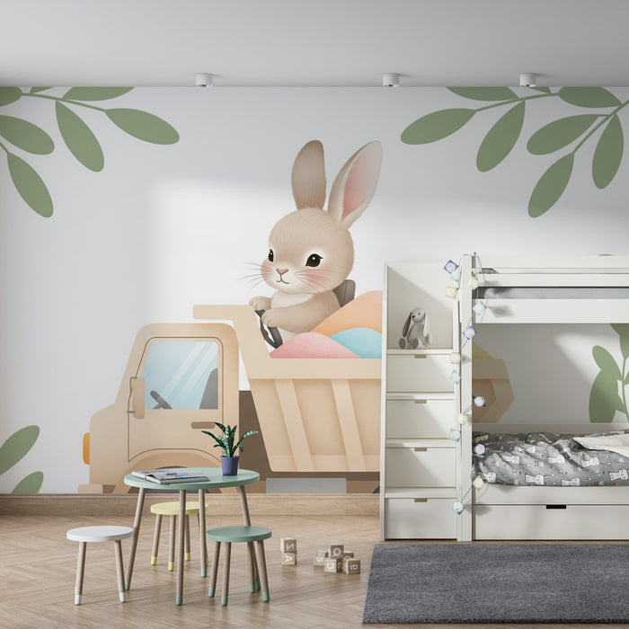 Carta da parati bambini | Coniglio conducente di camion con colori pastello