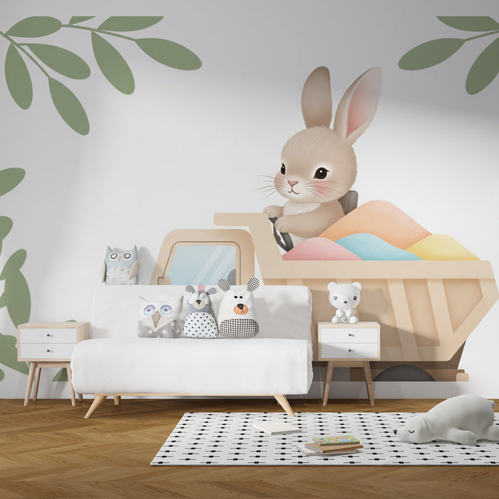 Carta da parati bambini | Coniglio conducente di camion con colori pastello