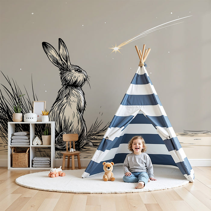 Nursery room wallpaper | Contemplative rabbit under a shooting star