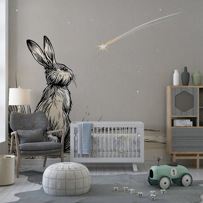 Nursery room wallpaper | Contemplative rabbit under a shooting star