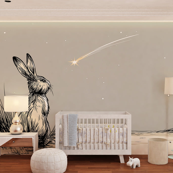 Nursery room wallpaper | Contemplative rabbit under a shooting star
