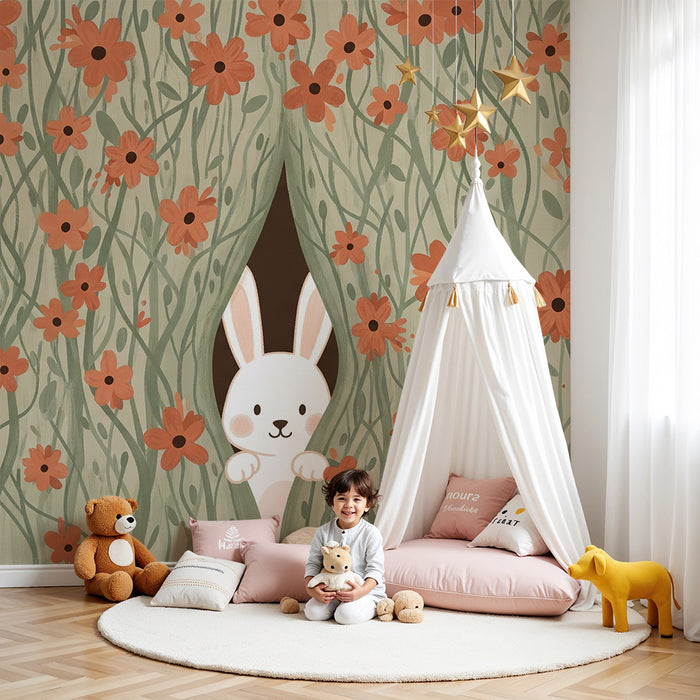 Nursery room wallpaper | Curious rabbit in the middle of flowers