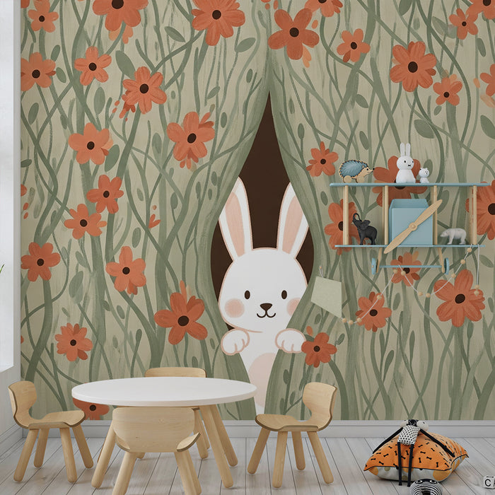 Nursery room wallpaper | Curious rabbit in the middle of flowers