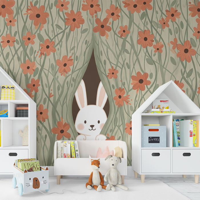 Nursery room wallpaper | Curious rabbit in the middle of flowers