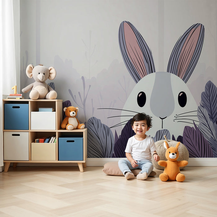 Carta da parati bambini | Coniglio curioso nascosto tra le foglie pastello
