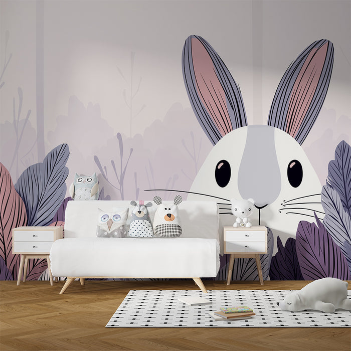 Carta da parati bambini | Coniglio curioso nascosto tra le foglie pastello