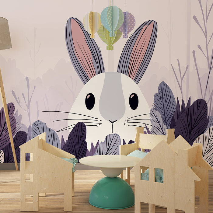 Carta da parati bambini | Coniglio curioso nascosto tra le foglie pastello