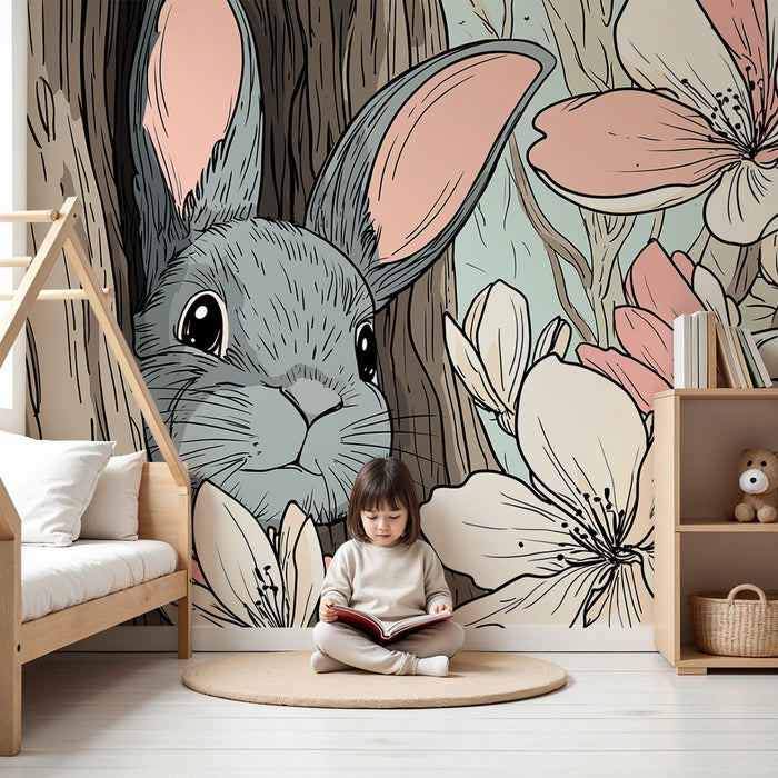 Nursery room wallpaper | Curious rabbit in a flowery tree