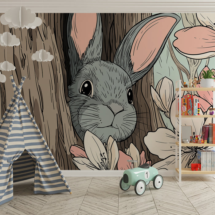 Nursery room wallpaper | Curious rabbit in a flowery tree