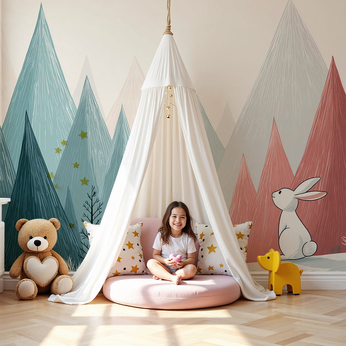 Paberituba beebi tapeet | Uudishimulik jänes pastelses mägismaastikus