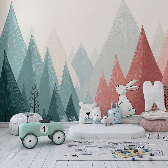 Paberituba beebi tapeet | Uudishimulik jänes pastelses mägismaastikus