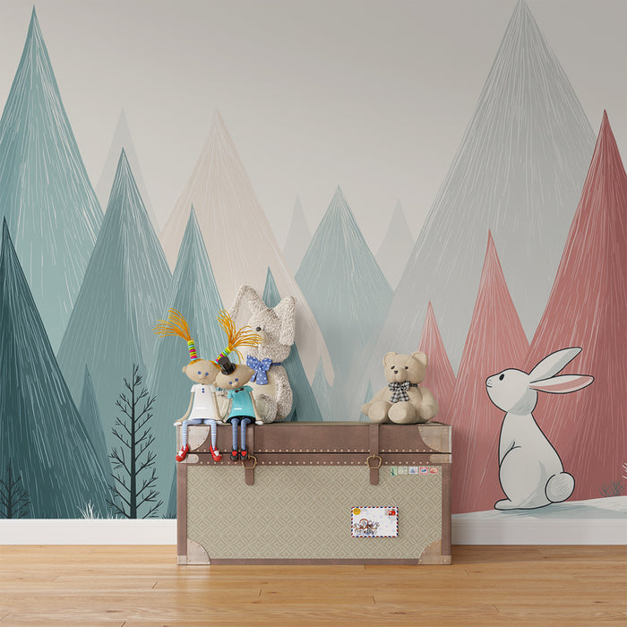 Paberituba beebi tapeet | Uudishimulik jänes pastelses mägismaastikus