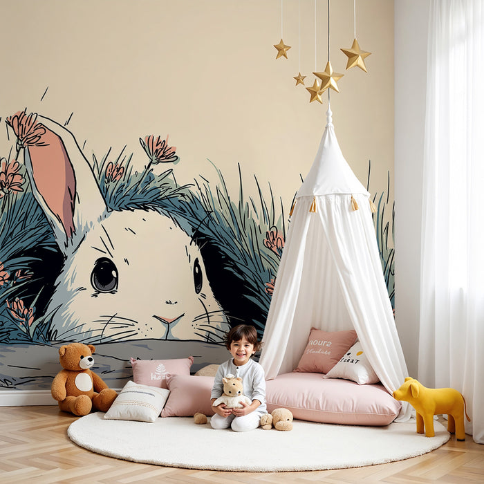 Carta da parati bambini | Coniglio curioso che emerge da un giardino fiorito
