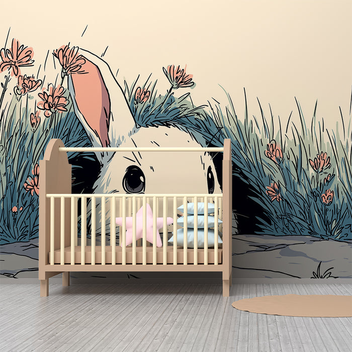 Carta da parati bambini | Coniglio curioso che emerge da un giardino fiorito