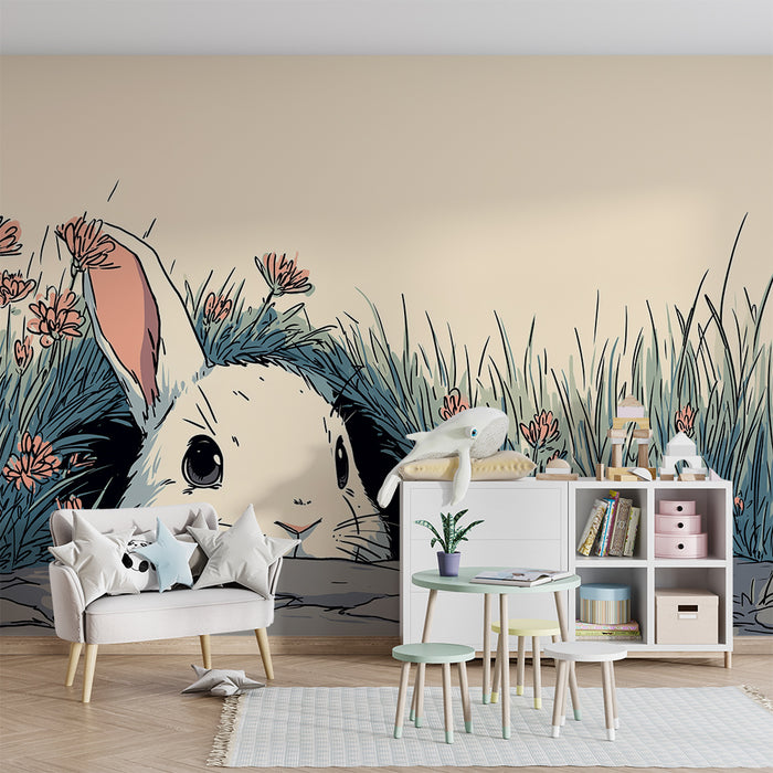 Carta da parati bambini | Coniglio curioso che emerge da un giardino fiorito