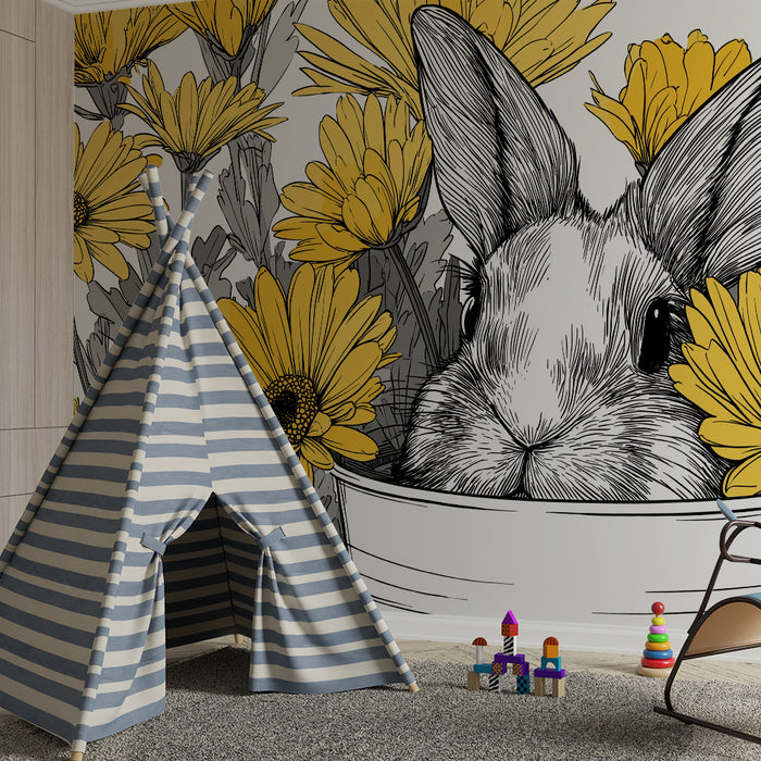 Nursery room wallpaper | Curious rabbit among bright yellow flowers