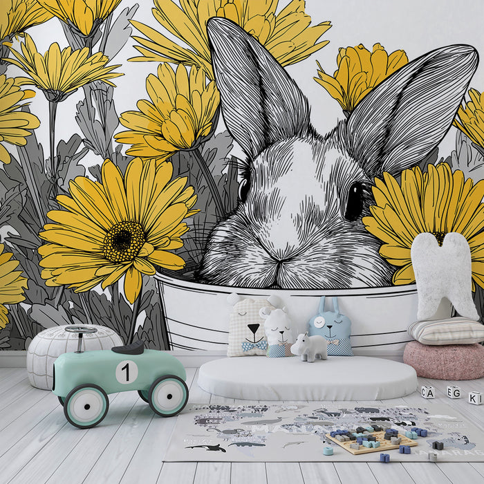 Nursery room wallpaper | Curious rabbit among bright yellow flowers