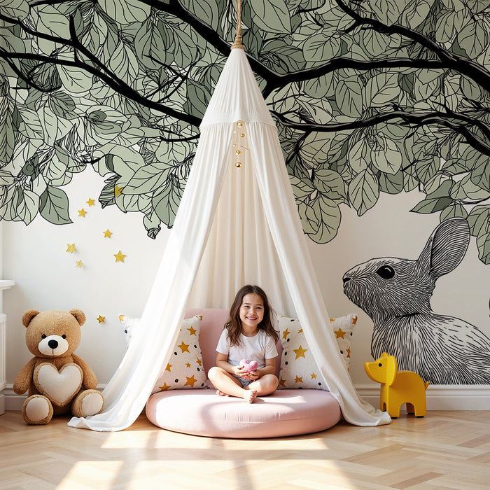 Nursery room wallpaper | Curious rabbit under delicate foliage