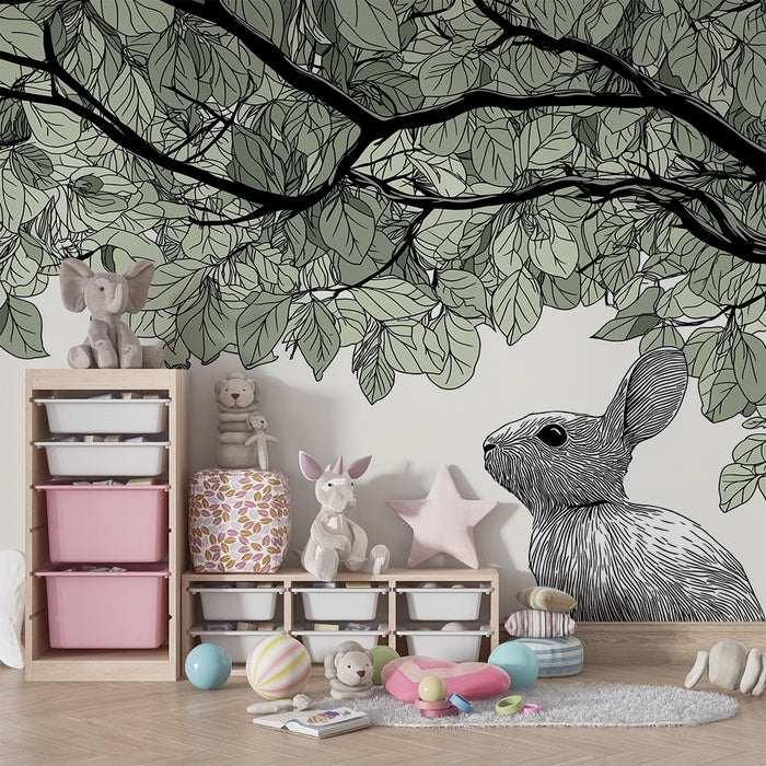Nursery room wallpaper | Curious rabbit under delicate foliage