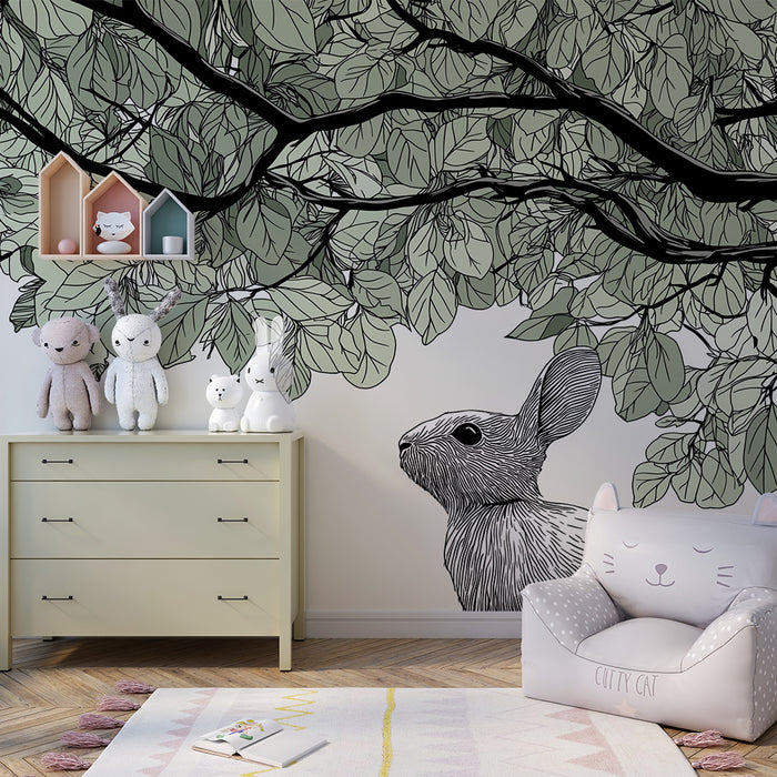 Nursery room wallpaper | Curious rabbit under delicate foliage