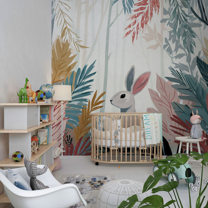 Babykamer behang | Konijn in het tropisch bos
