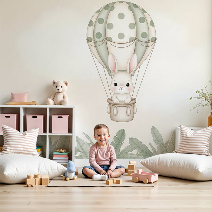 Papier peint chambre bébé | Lapin dans un ballon dirigeable