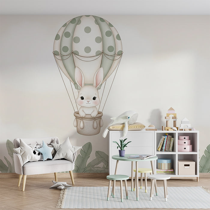 Papier peint chambre bébé | Lapin dans un ballon dirigeable