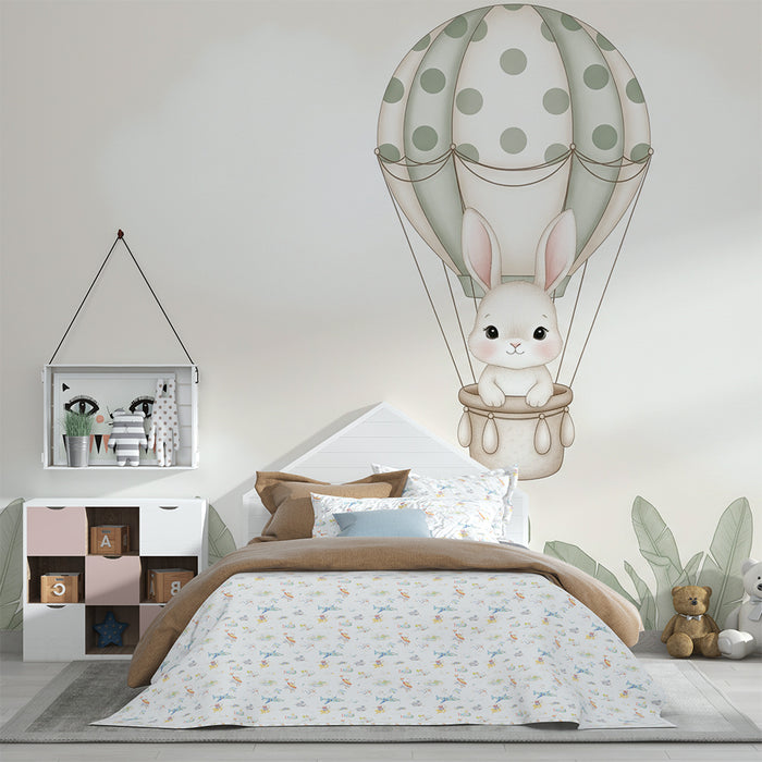Papier peint chambre bébé | Lapin dans un ballon dirigeable