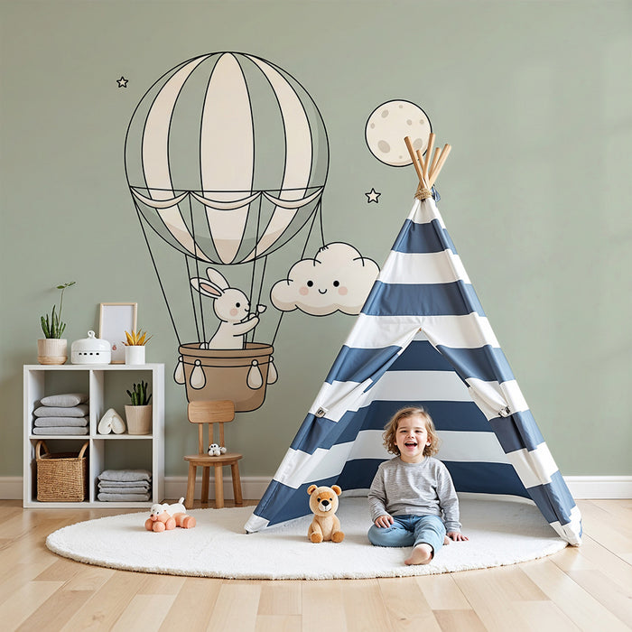 Papier peint chambre bébé | Lapin dans un ballon dirigeable au milieu des nuages