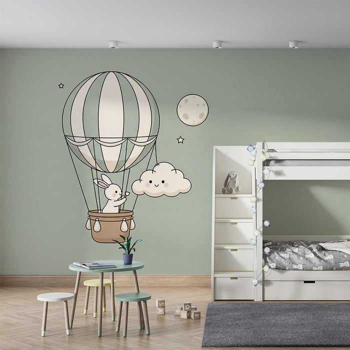 Papier peint chambre bébé | Lapin dans un ballon dirigeable au milieu des nuages