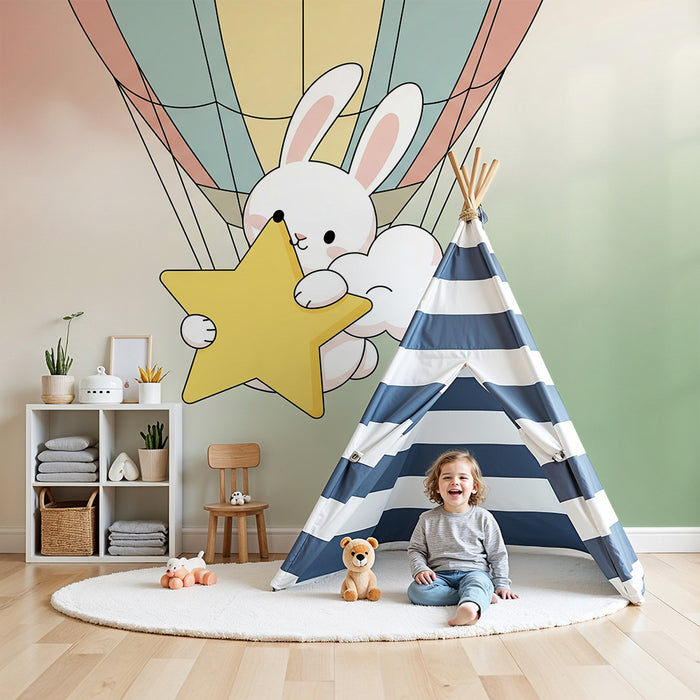 Papel de parede para quarto de bebé | Coelho num balão dirigível com uma estrela dourada