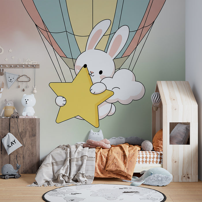 Papel de parede para quarto de bebé | Coelho num balão dirigível com uma estrela dourada
