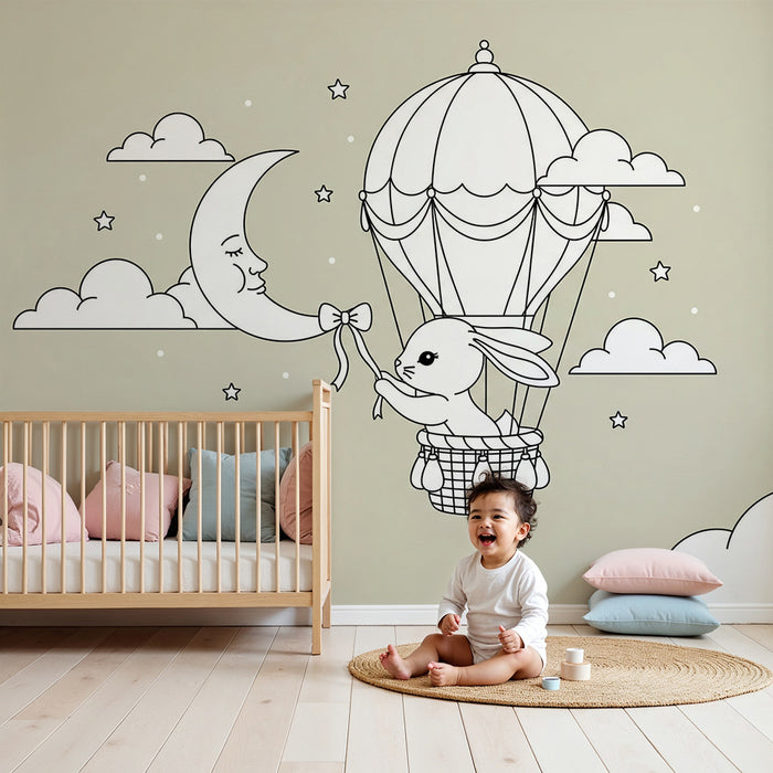 Papel de parede para quarto de bebé | Coelho num balão de ar quente com lua e estrelas