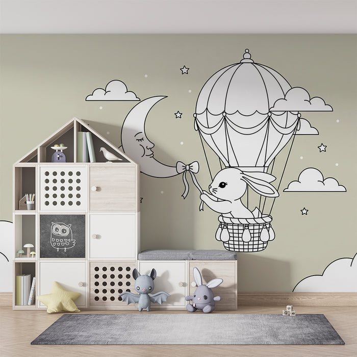 Papel de parede para quarto de bebé | Coelho num balão de ar quente com lua e estrelas