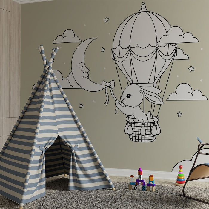 Papel de parede para quarto de bebé | Coelho num balão de ar quente com lua e estrelas