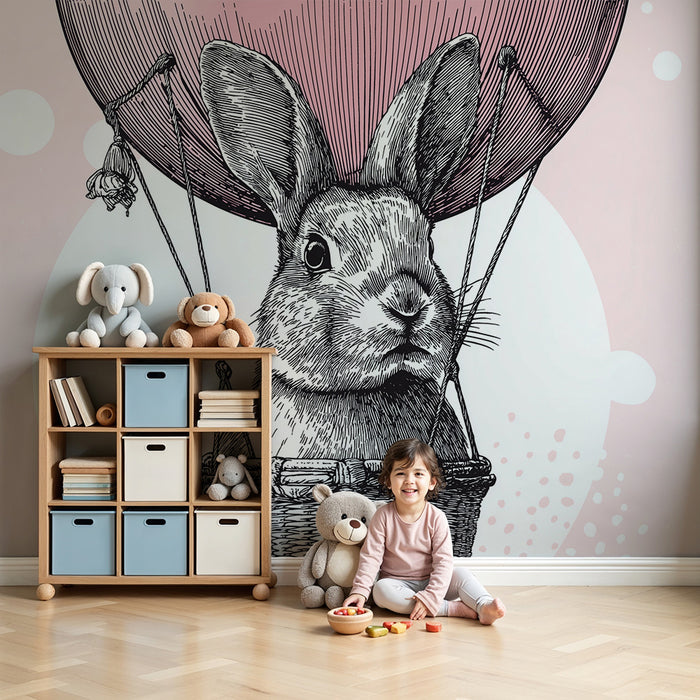 Papier de parede bébiphong | Nyúl egy kosárban hőlégballonon rózsaszín háttérrel
