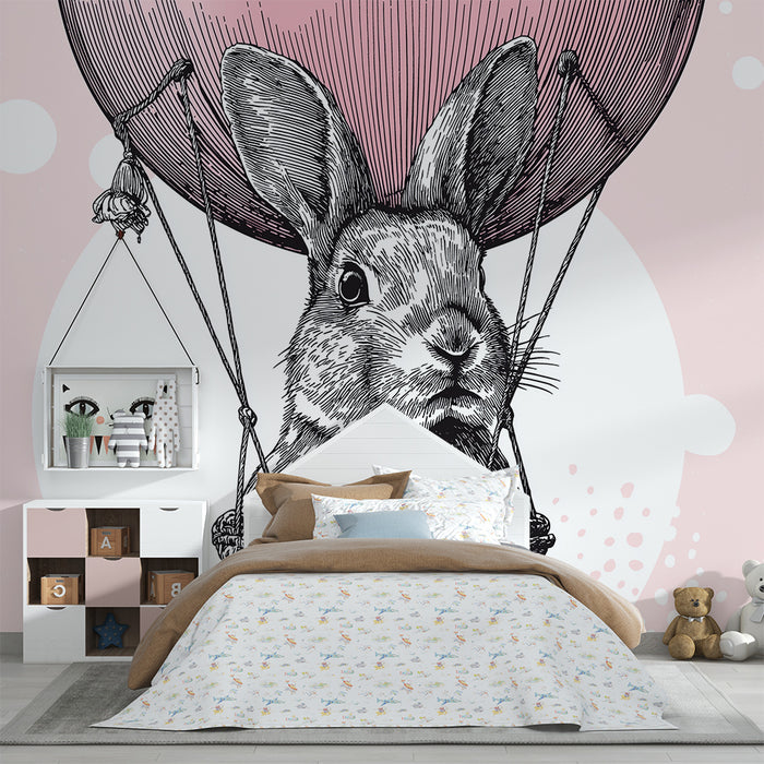 Papier de parede bébiphong | Nyúl egy kosárban hőlégballonon rózsaszín háttérrel
