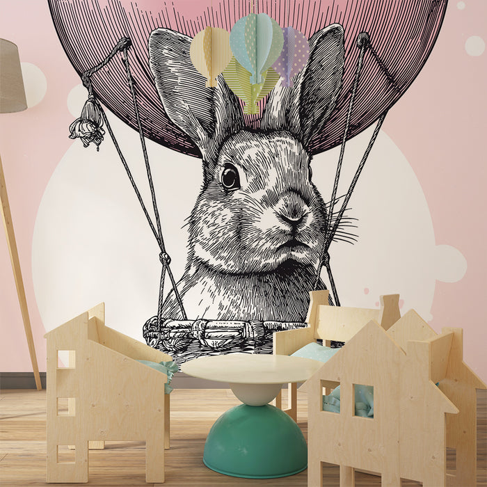 Papier de parede bébiphong | Nyúl egy kosárban hőlégballonon rózsaszín háttérrel