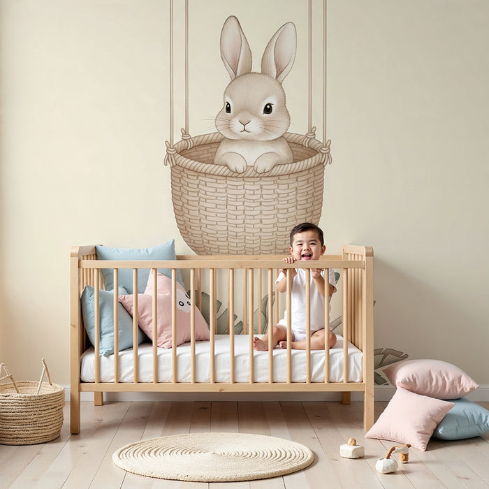 Papier peint chambre bébé | Lapin dans un panier suspendu
